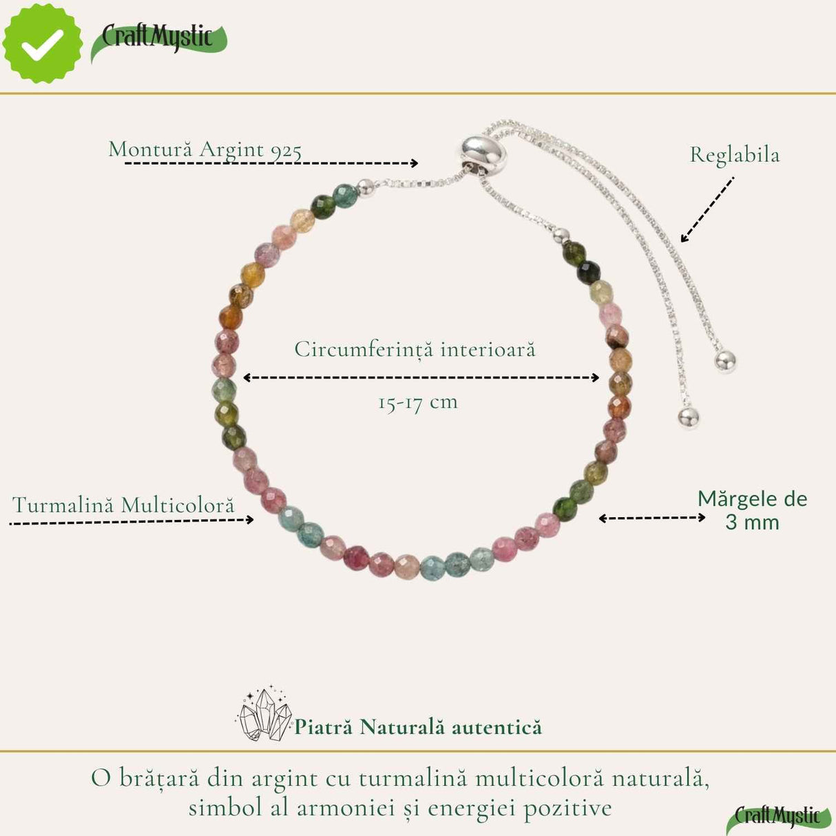 Bratara Argint 925 cu Turmalina Multicolora Fatetata Naturala 3 mm - Echilibru si Protectie