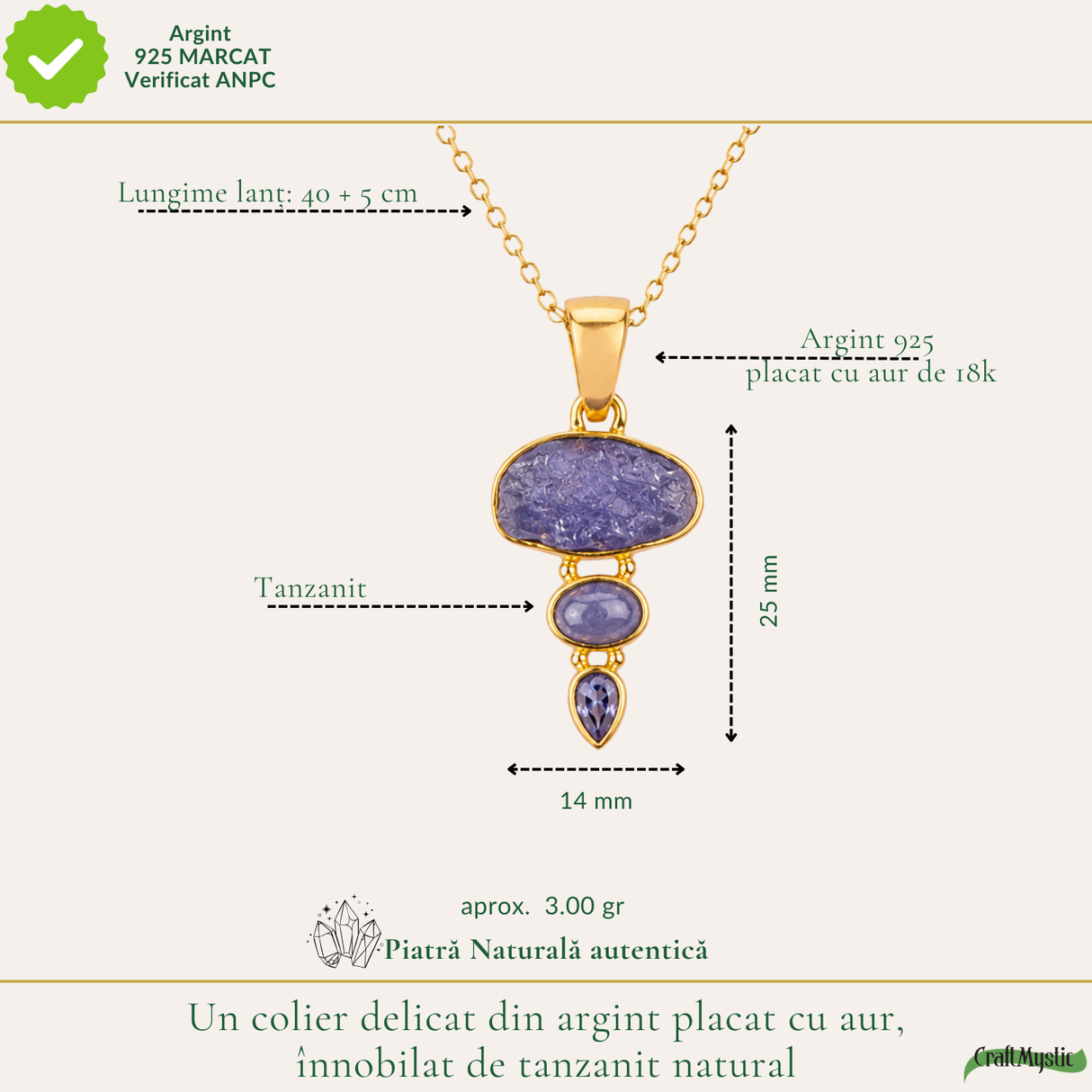 Colier cu Tanzanit natural pe argint 925 placat cu aur de 18K