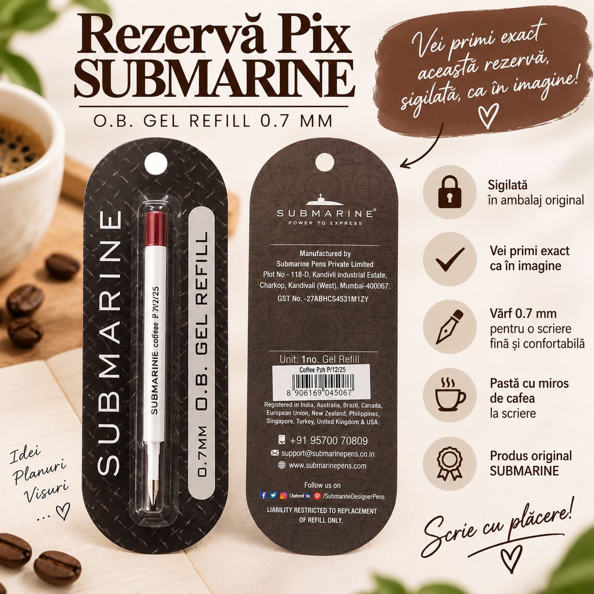 Rezervă pix Submarine Coffee O.B. Gel 0.7 mm cu miros de cafea
