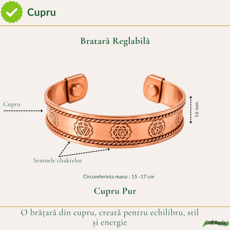 Brățară din cupru cu simbolurile celor 7 chakre