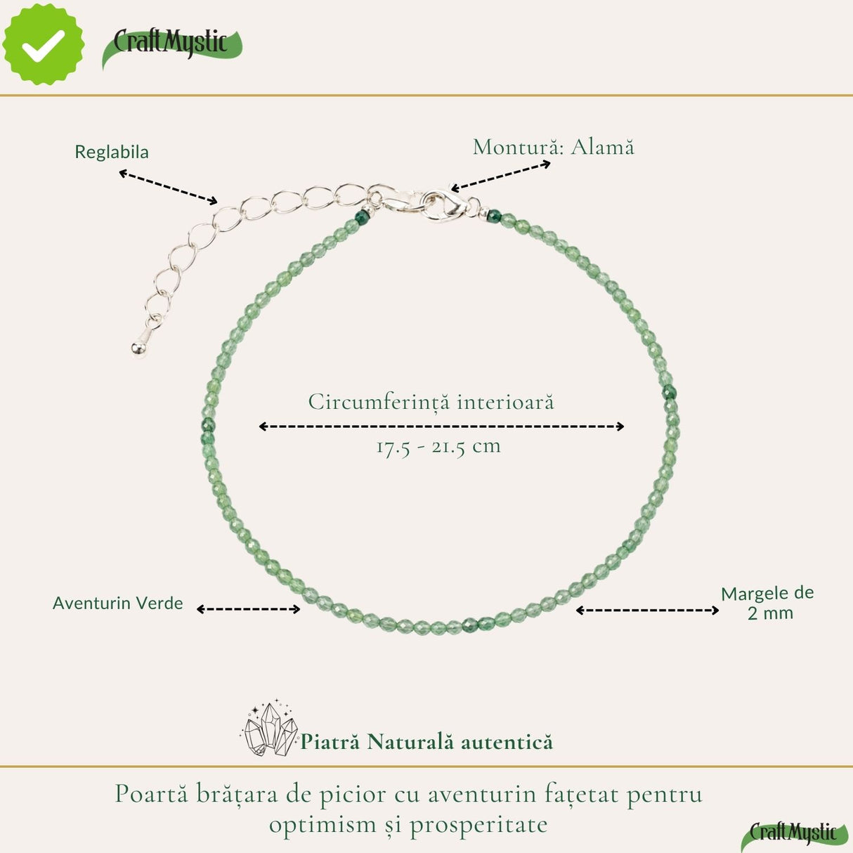Aventurin verde fațetat, pietre rotunde de 2 mm, pe brățară de picior