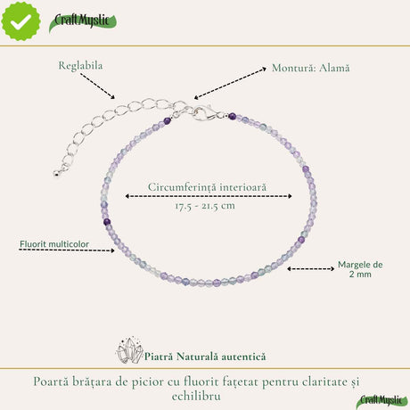 Fluorit fațetat, pietre rotunde de 2 mm, pe brățară de picior