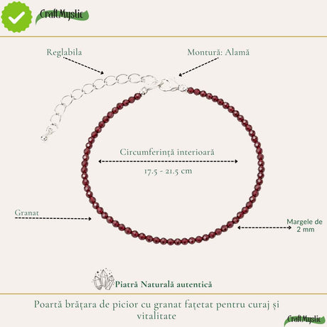 Granat fațetat, pietre rotunde de 2 mm, pe brățară de picior