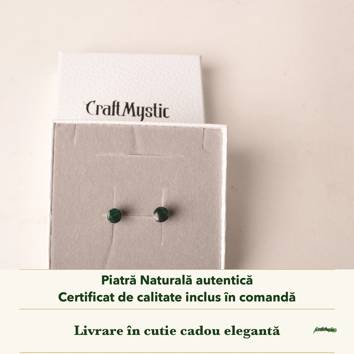 Cercei cu Malachit în cutia cadou CraftMystic, cu certificatul de calitate
