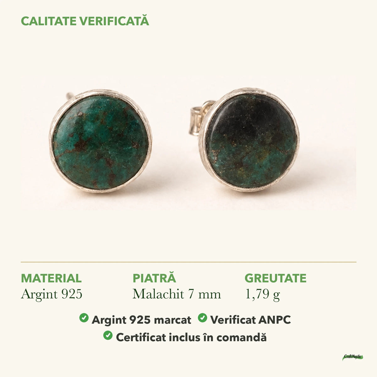 Cercei cu Malachit: material, dimensiunea pietrei, greutate și marcajul 925