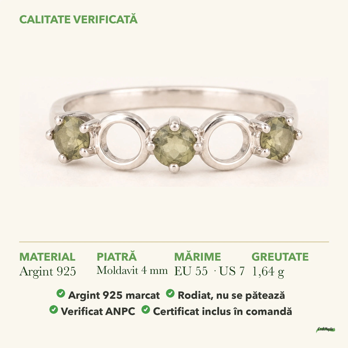 Inel cu Moldavit: material, dimensiunea pietrei, greutate și marcajul 925