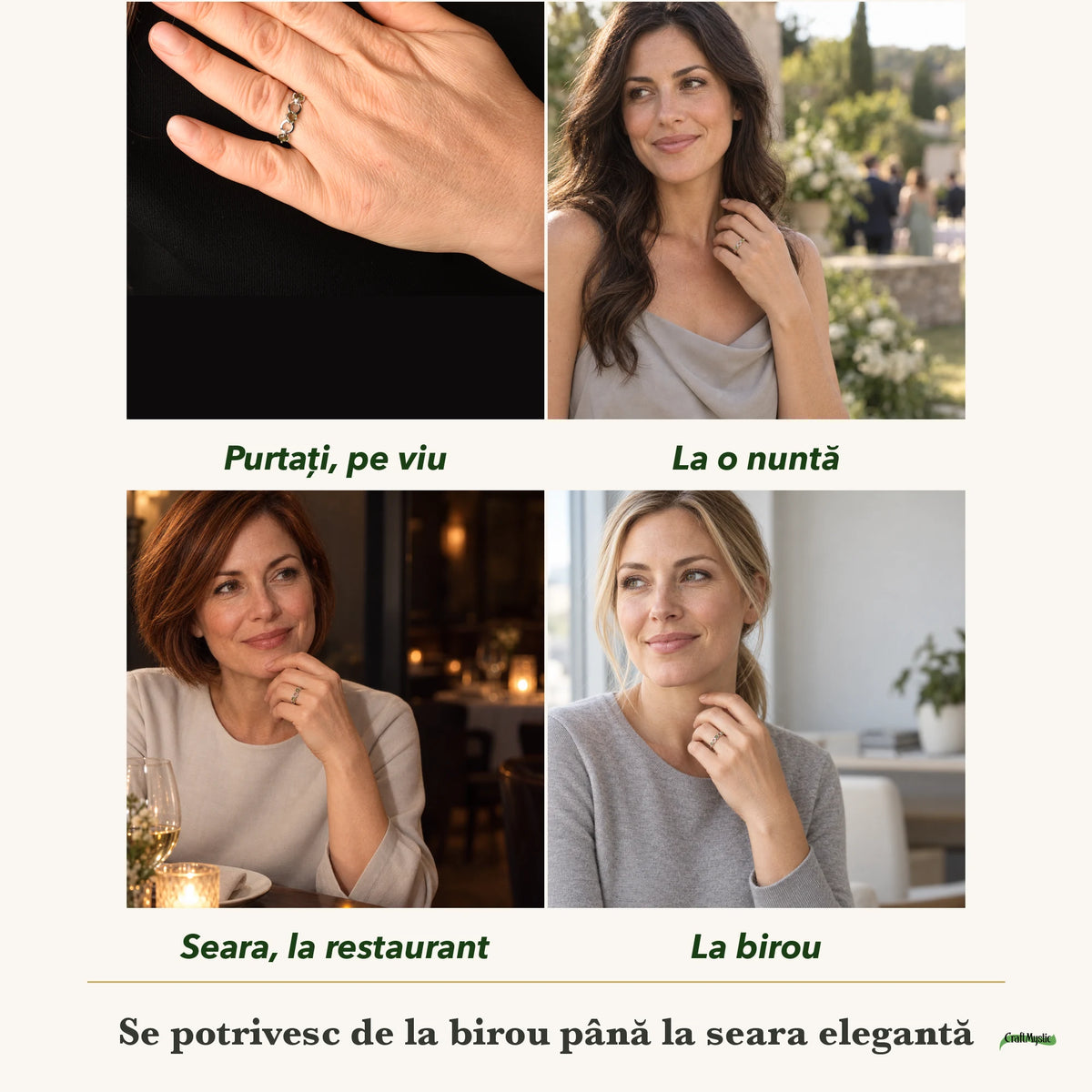 Inel cu Moldavit purtați de patru femei, la nuntă, seara, la birou și la o aniversare