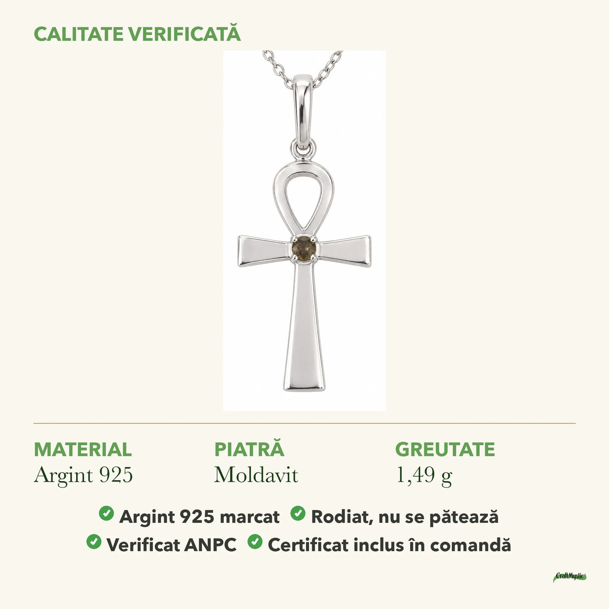 Colier cu Moldavit: material, dimensiunea pietrei, greutate și marcajul 925