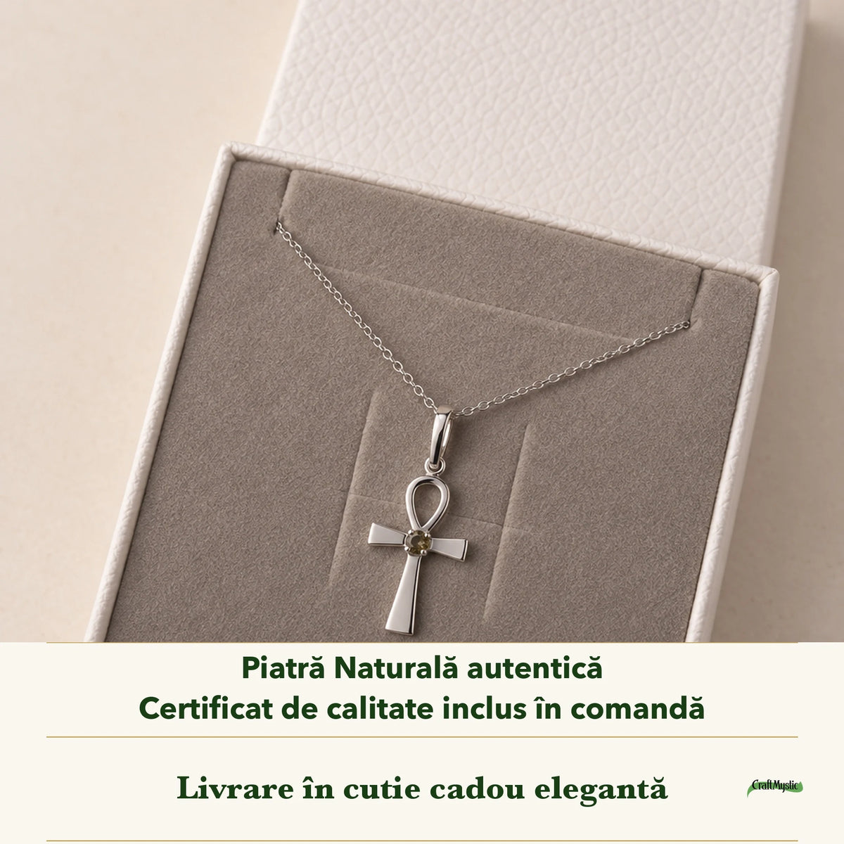 Colier cu Moldavit în cutia cadou CraftMystic, cu certificatul de calitate