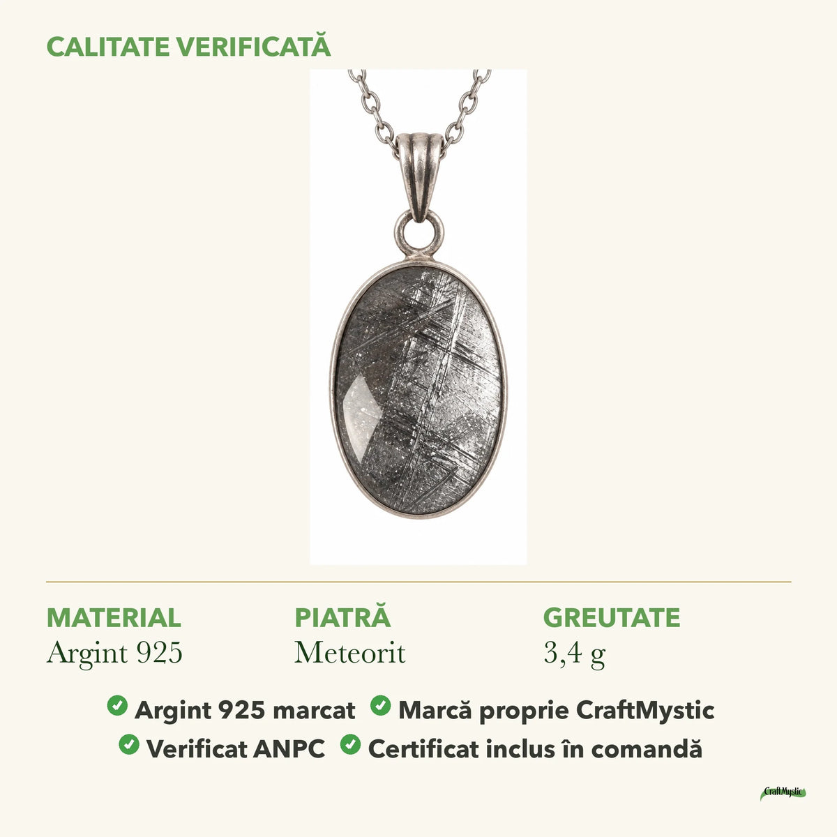 Colier cu Meteorit: material, dimensiunea pietrei, greutate și marcajul 925