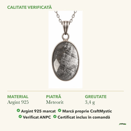 Colier cu Meteorit: material, dimensiunea pietrei, greutate și marcajul 925