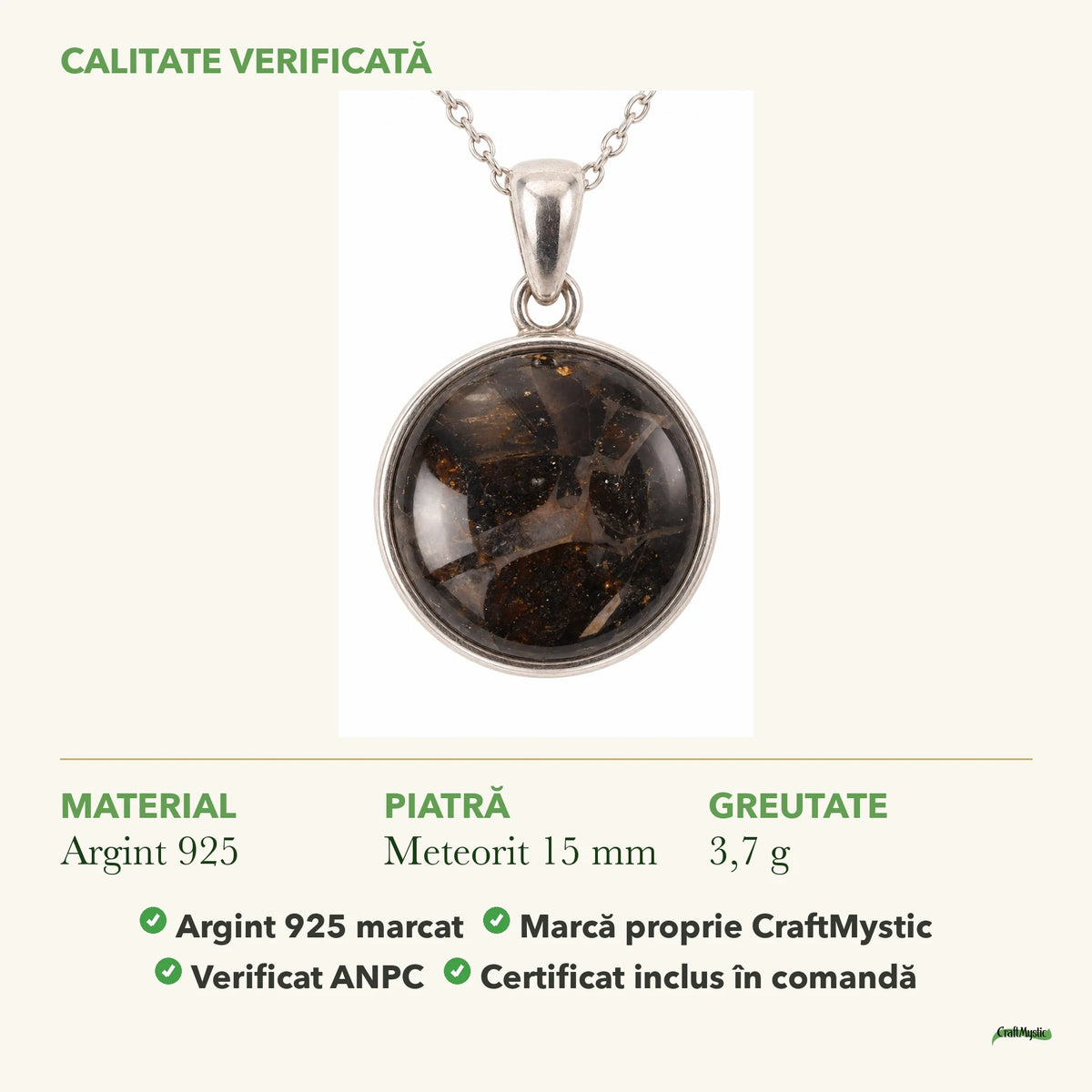 Colier cu Meteorit: material, dimensiunea pietrei, greutate și marcajul 925