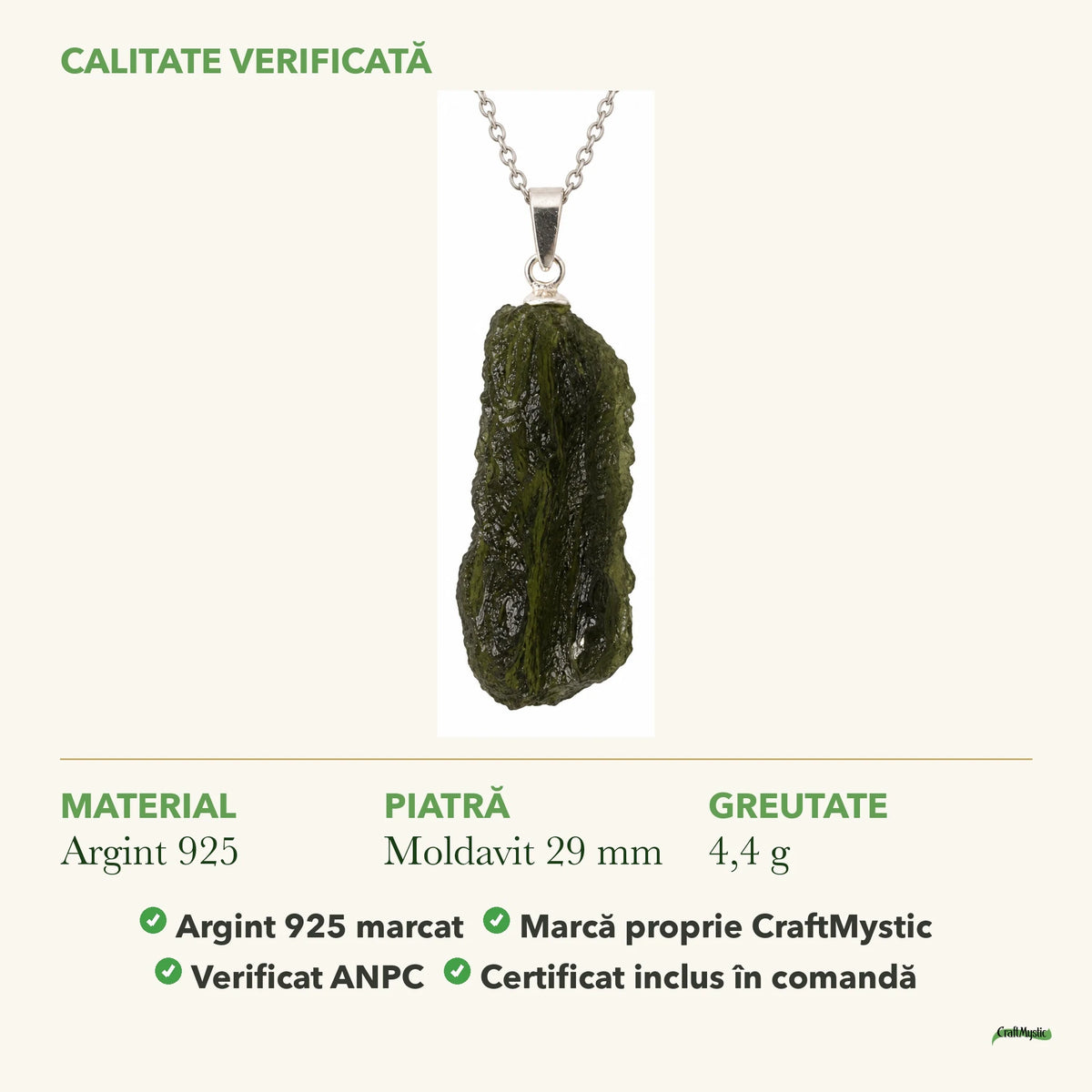 Colier cu Moldavit: material, dimensiunea pietrei, greutate și marcajul 925