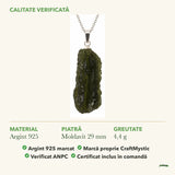 Colier cu Moldavit: material, dimensiunea pietrei, greutate și marcajul 925