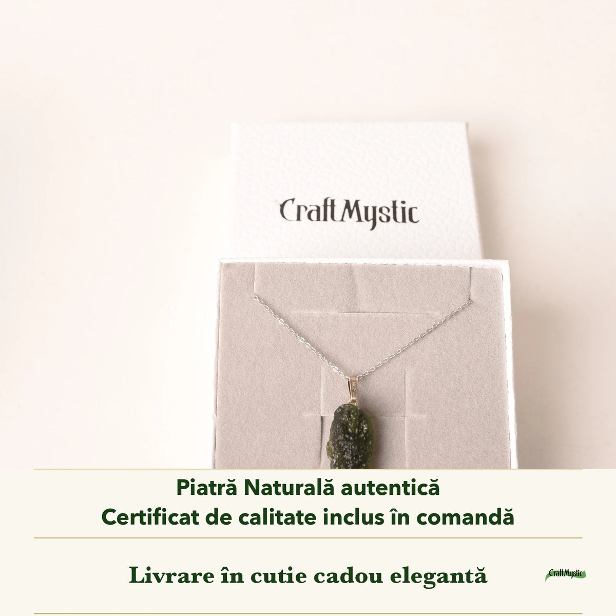 Colier cu Moldavit în cutia cadou CraftMystic, cu certificatul de calitate