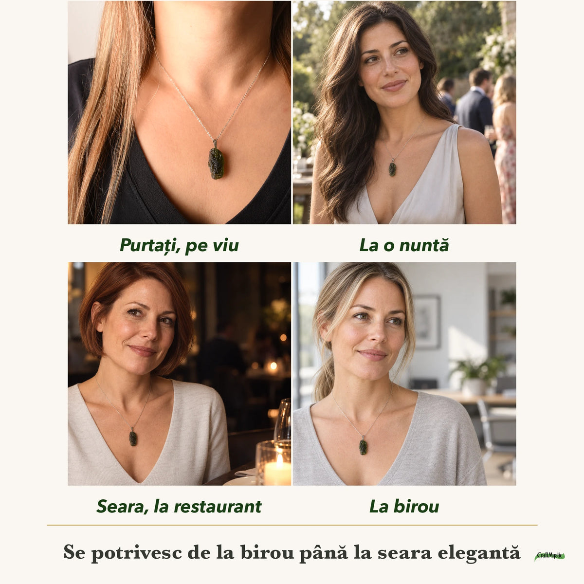 Colier cu Moldavit purtați de patru femei, la nuntă, seara, la birou și la o aniversare