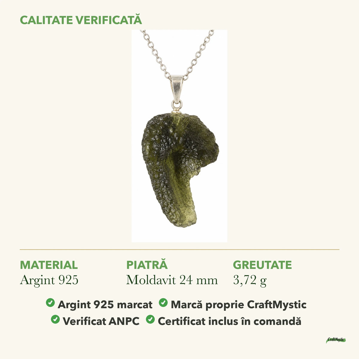 Colier cu Moldavit: material, dimensiunea pietrei, greutate și marcajul 925