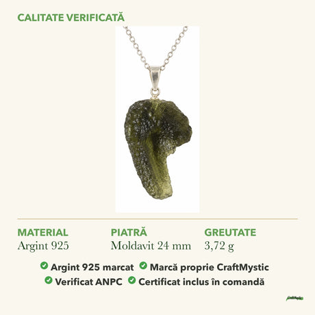 Colier cu Moldavit: material, dimensiunea pietrei, greutate și marcajul 925