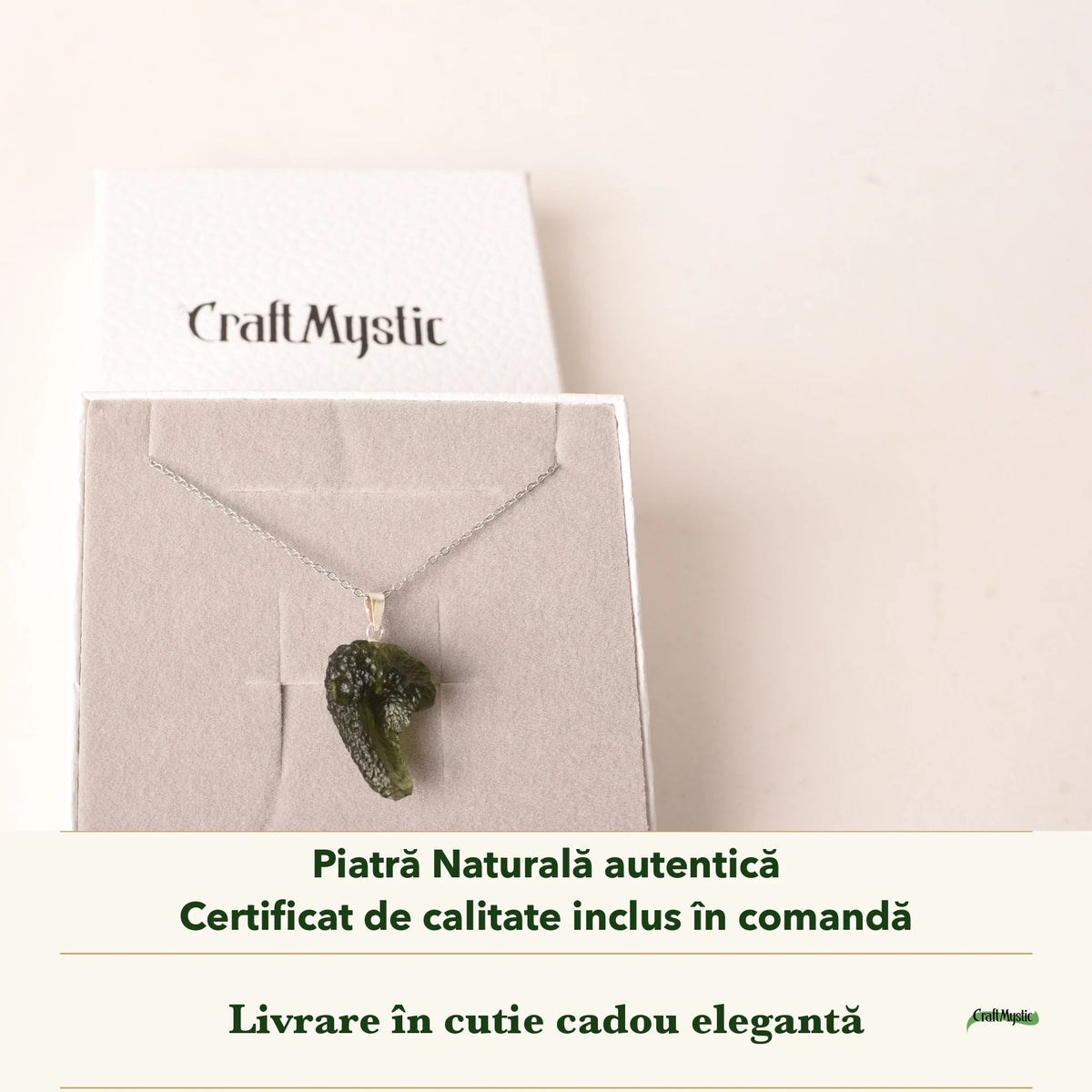 Colier cu Moldavit în cutia cadou CraftMystic, cu certificatul de calitate