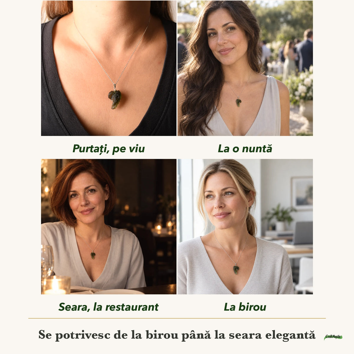 Colier cu Moldavit purtați de patru femei, la nuntă, seara, la birou și la o aniversare