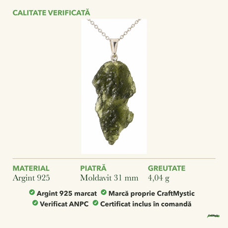Colier cu Moldavit: material, dimensiunea pietrei, greutate și marcajul 925