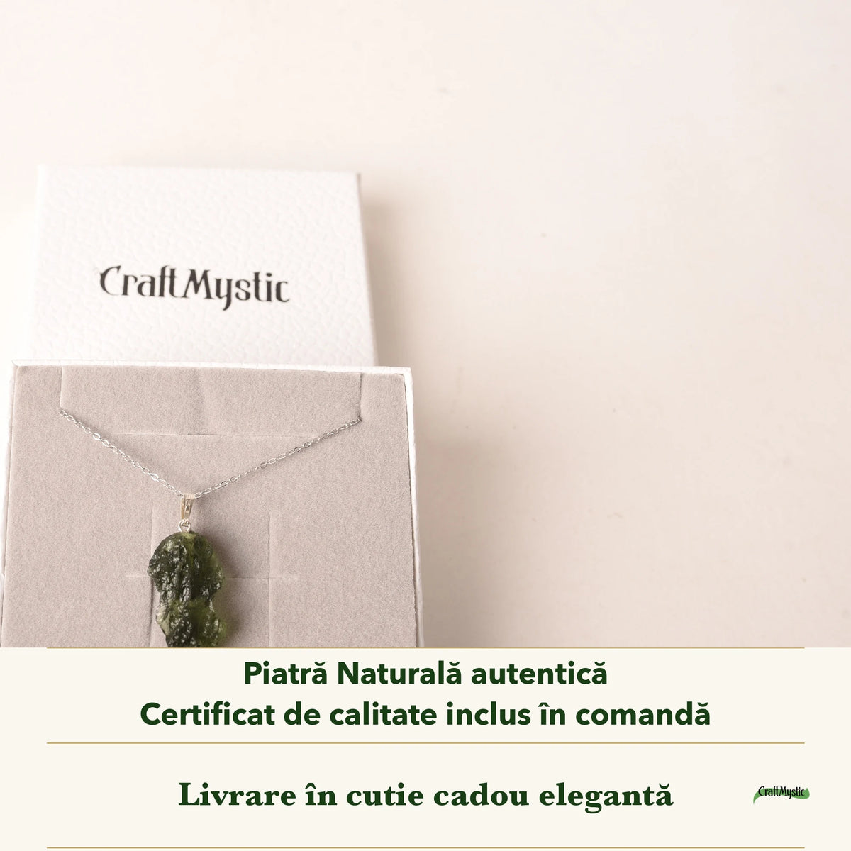 Colier cu Moldavit în cutia cadou CraftMystic, cu certificatul de calitate