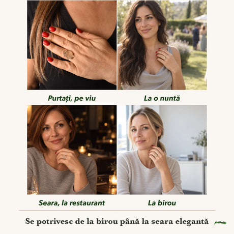 Inel cu Piatra Desertului purtați de patru femei, la nuntă, seara, la birou și la o aniversare
