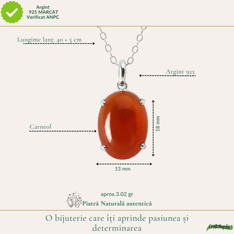 Vitalitate si Curaj Zilnic - Colier Oval cu Carneol si Argint 925