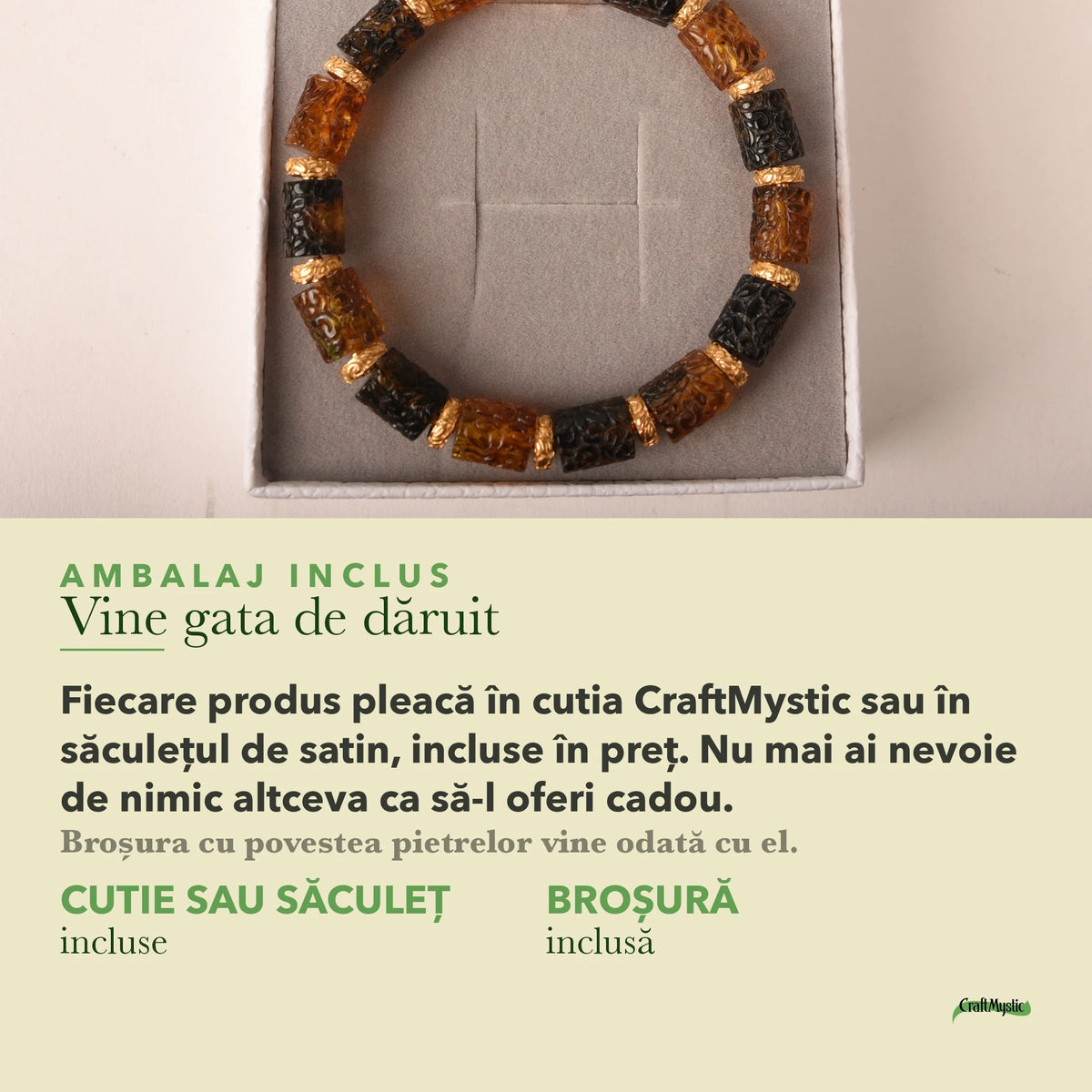 Brățară cu Chihlimbar în cutia cadou CraftMystic, cu certificatul de calitate