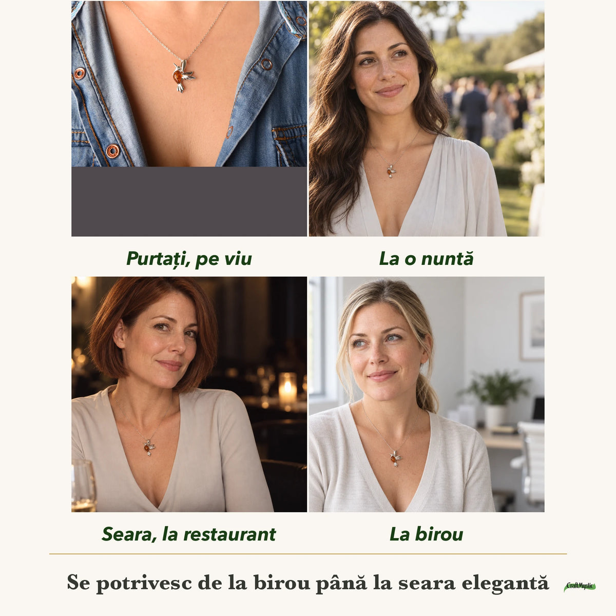 Colier cu Chihlimbar purtați de patru femei, la nuntă, seara, la birou și la o aniversare