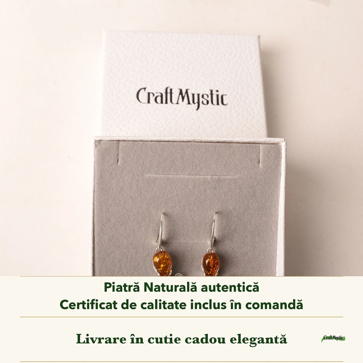 Cercei cu Chihlimbar în cutia cadou CraftMystic, cu certificatul de calitate