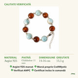 Brățară cu Chihlimbar și Larimar: material, dimensiunea pietrei, greutate și marcajul 925