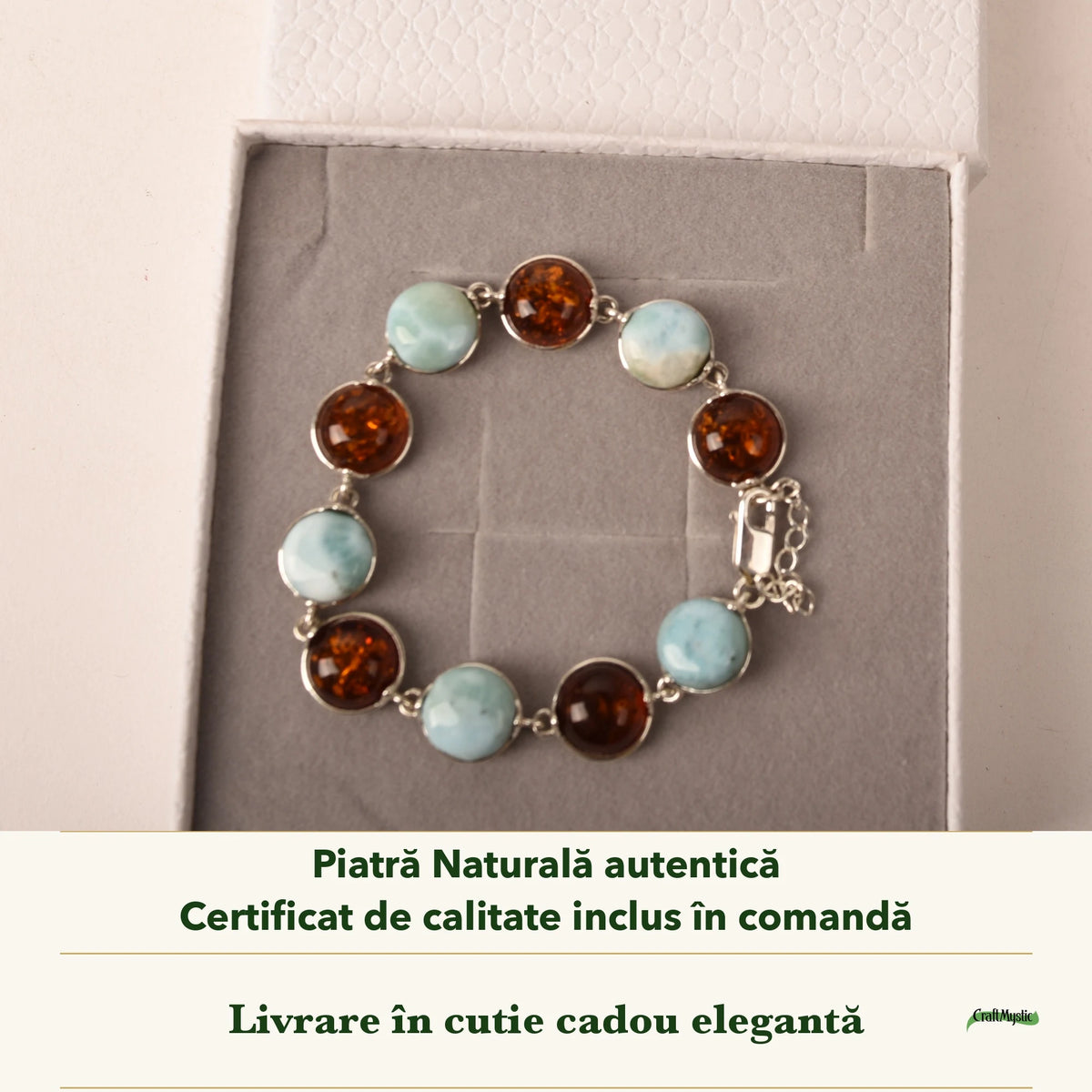 Brățară cu Chihlimbar și Larimar în cutia cadou CraftMystic, cu certificatul de calitate