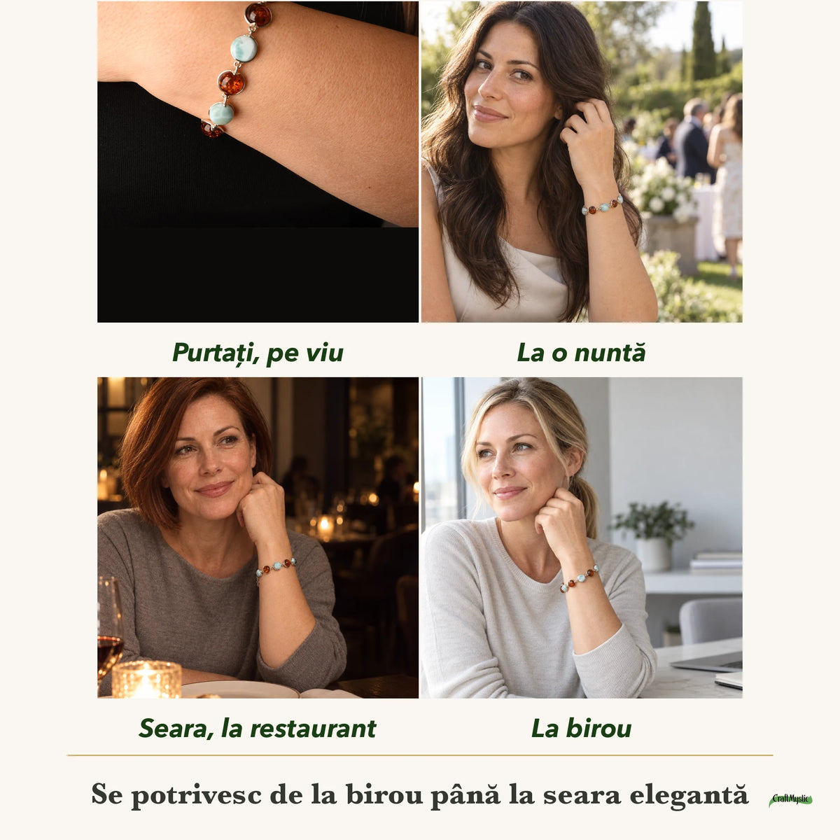 Brățară cu Chihlimbar și Larimar purtați de patru femei, la nuntă, seara, la birou și la o aniversare