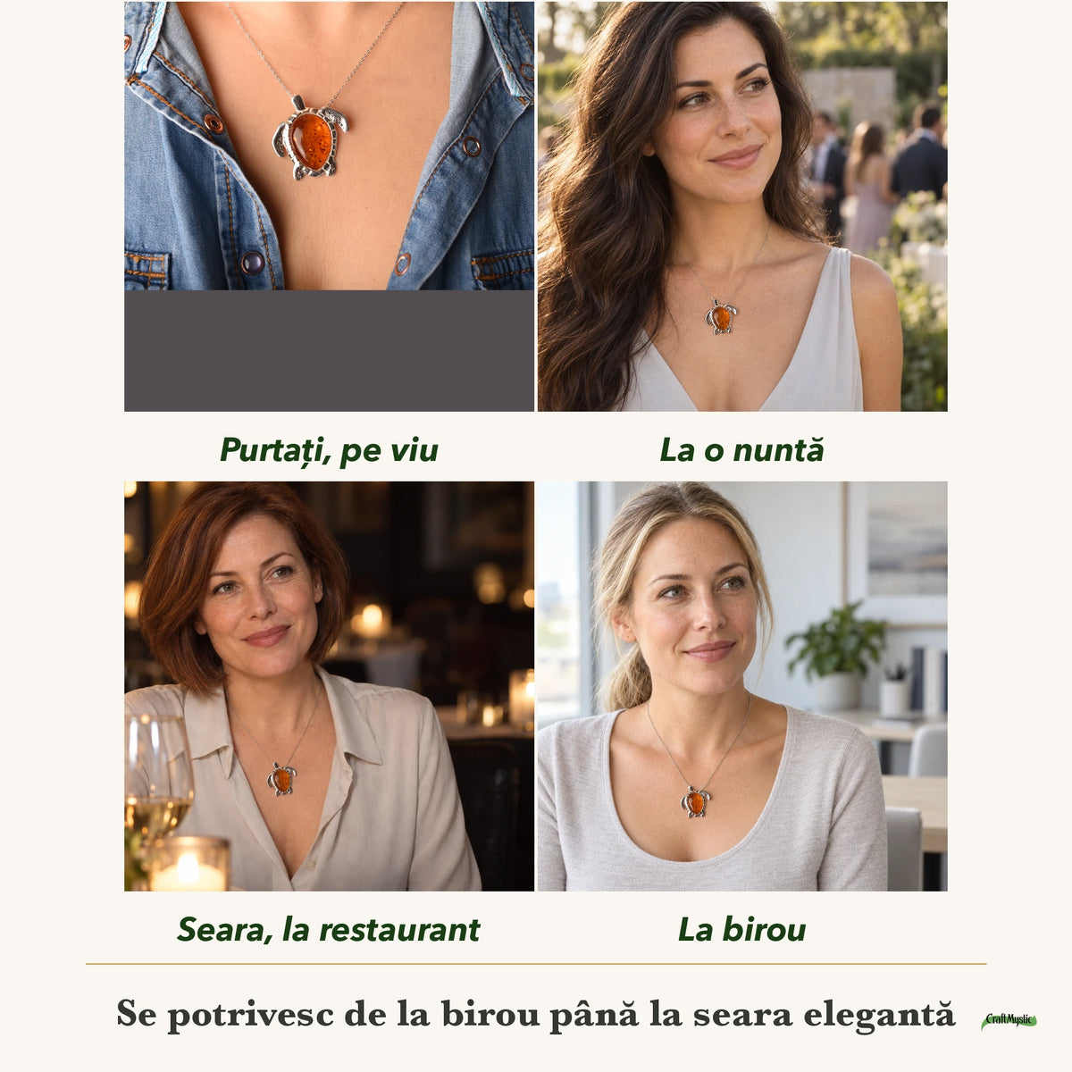 Colier cu Chihlimbar purtați de patru femei, la nuntă, seara, la birou și la o aniversare