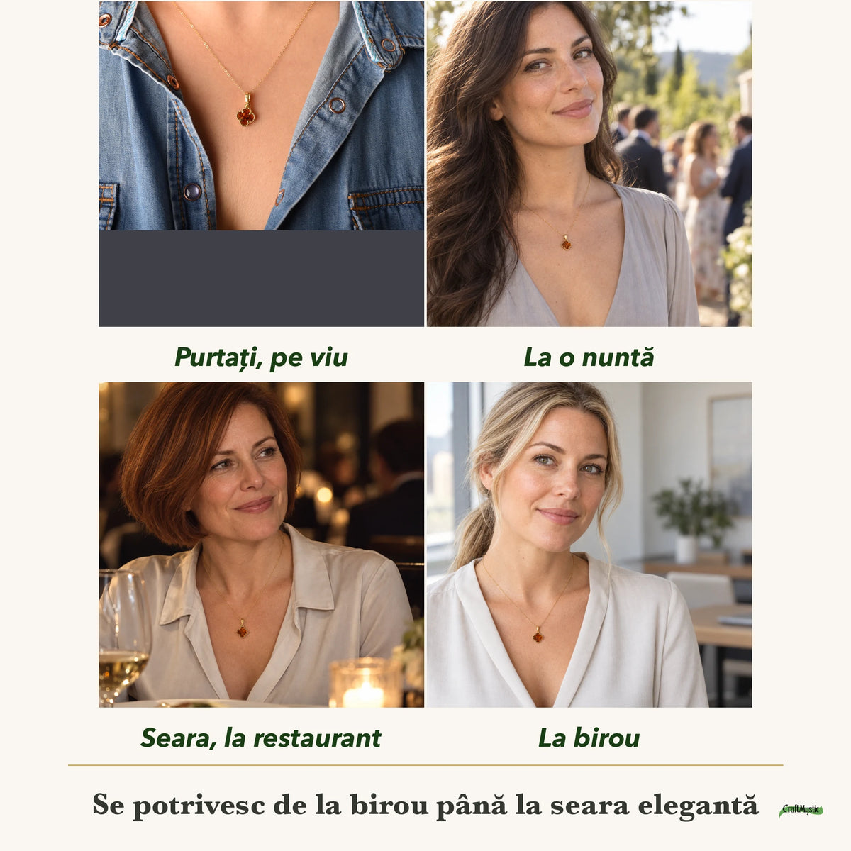 Colier cu Chihlimbar purtați de patru femei, la nuntă, seara, la birou și la o aniversare