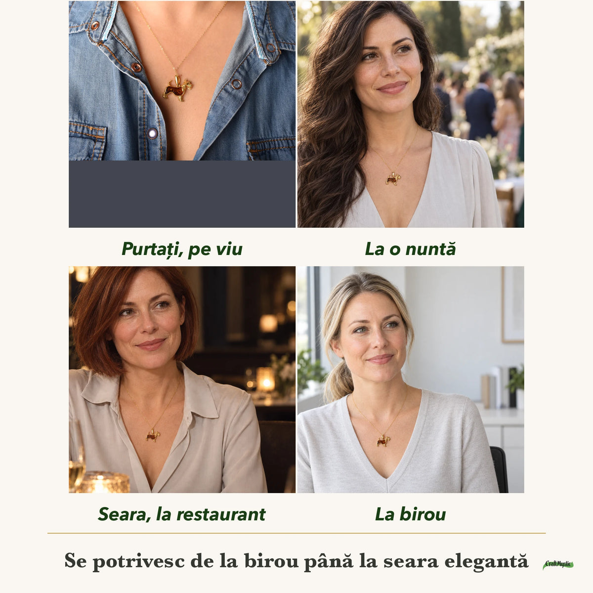 Pandantiv cu Chihlimbar purtați de patru femei, la nuntă, seara, la birou și la o aniversare