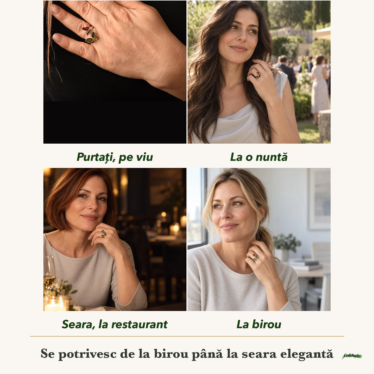 Inel cu Chihlimbar purtați de patru femei, la nuntă, seara, la birou și la o aniversare