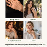 Inel cu Chihlimbar purtați de patru femei, la nuntă, seara, la birou și la o aniversare