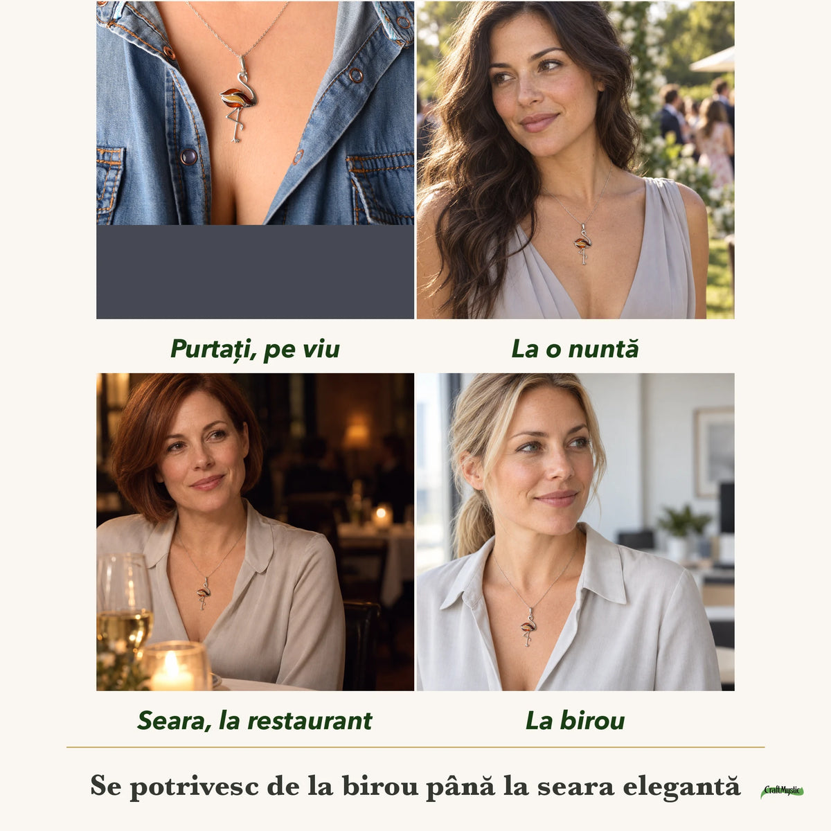 Colier cu Chihlimbar purtați de patru femei, la nuntă, seara, la birou și la o aniversare