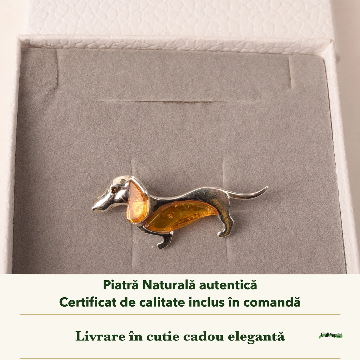 Broșă cu Chihlimbar în cutia cadou CraftMystic, cu certificatul de calitate