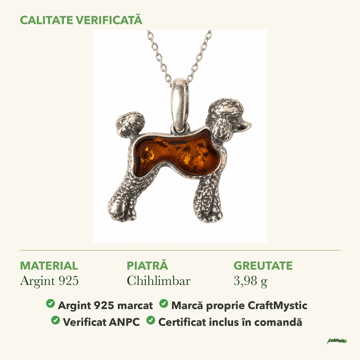 Colier cu Chihlimbar: material, dimensiunea pietrei, greutate și marcajul 925