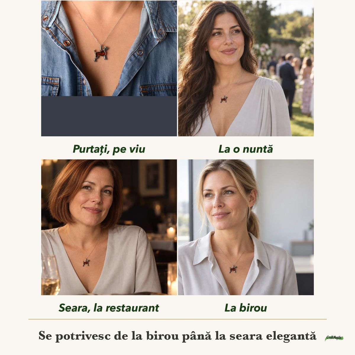 Colier cu Chihlimbar purtați de patru femei, la nuntă, seara, la birou și la o aniversare