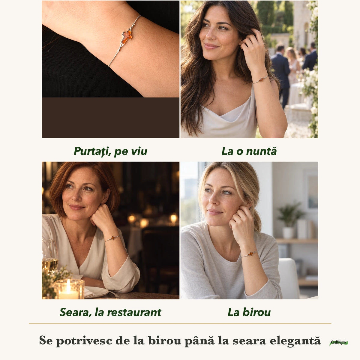 Brățară cu Chihlimbar purtați de patru femei, la nuntă, seara, la birou și la o aniversare