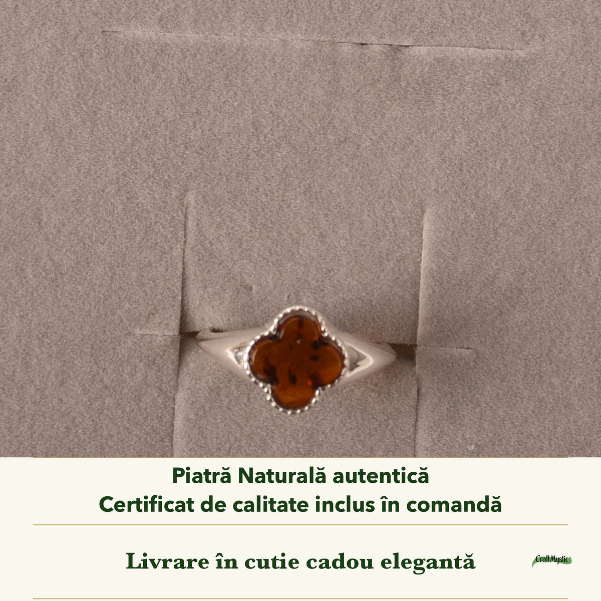 Inel cu Chihlimbar în cutia cadou CraftMystic, cu certificatul de calitate