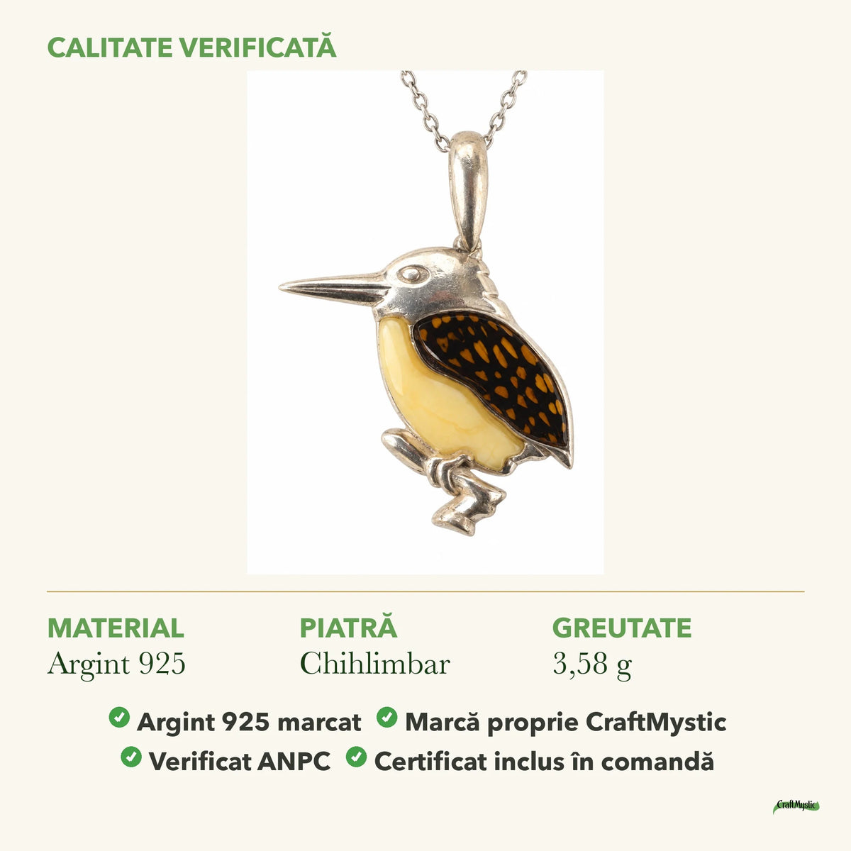 Colier cu Chihlimbar: material, dimensiunea pietrei, greutate și marcajul 925