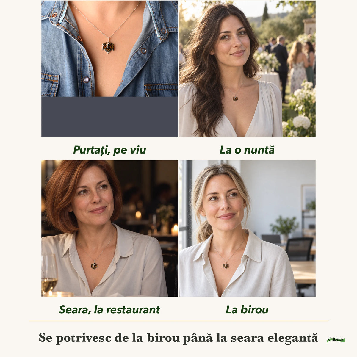 Colier cu Chihlimbar purtați de patru femei, la nuntă, seara, la birou și la o aniversare