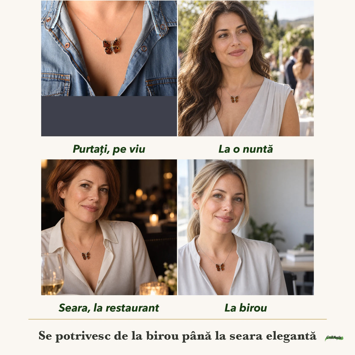 Colier cu Chihlimbar purtați de patru femei, la nuntă, seara, la birou și la o aniversare