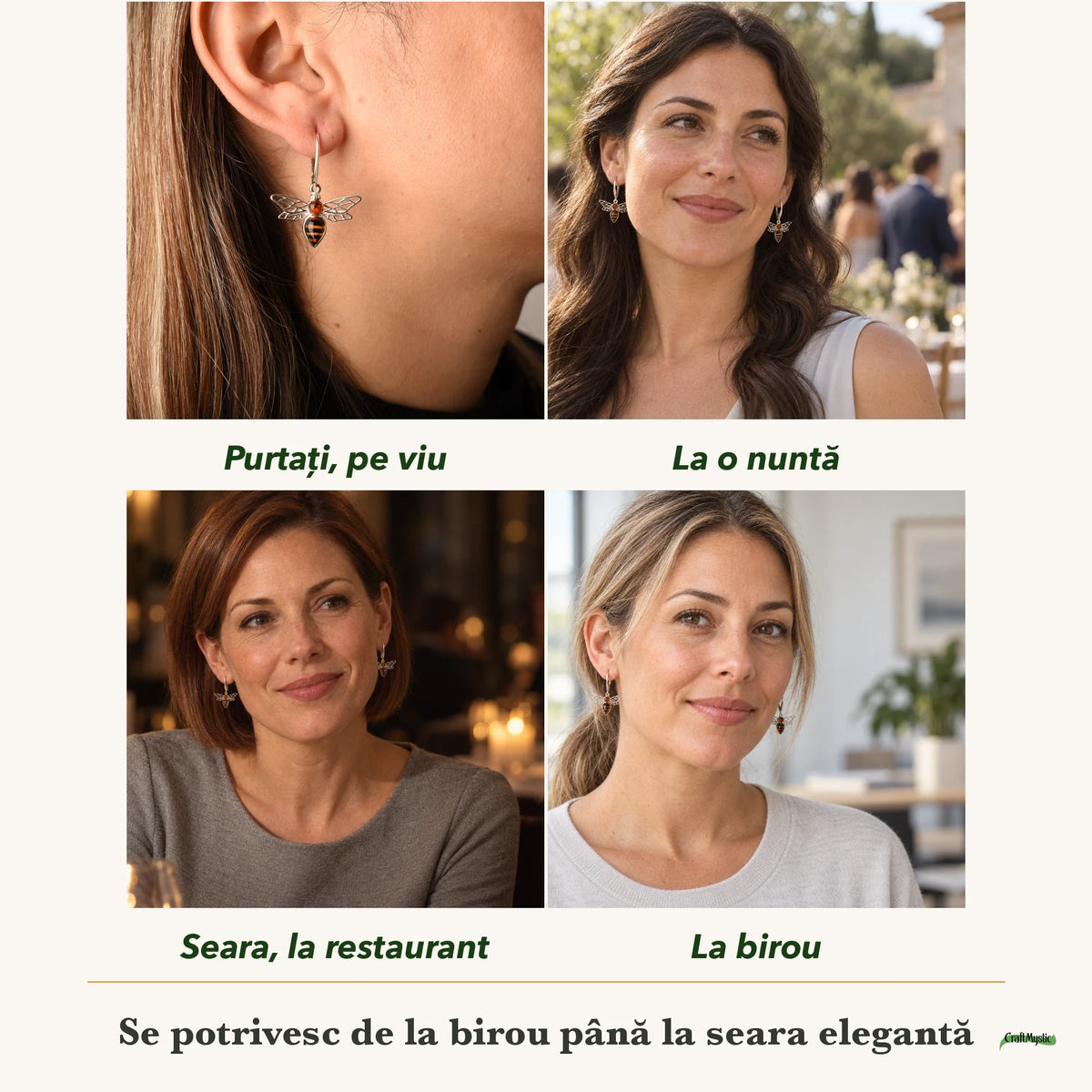 Cercei cu Chihlimbar purtați de patru femei, la nuntă, seara, la birou și la o aniversare