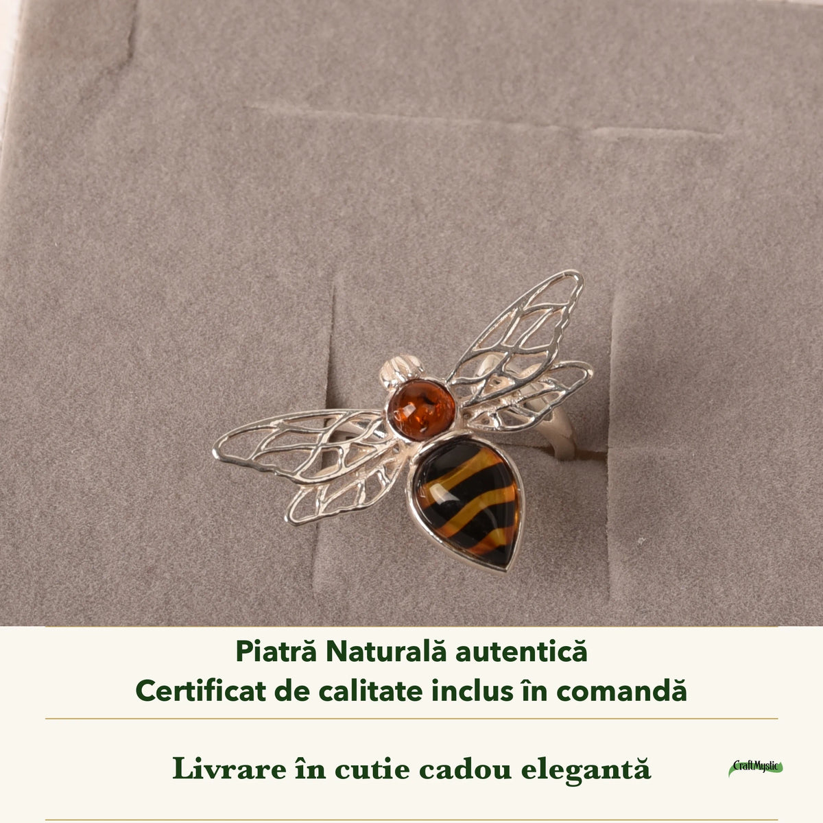 Inel cu Chihlimbar în cutia cadou CraftMystic, cu certificatul de calitate